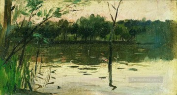 ピンクの夕日アイザック レヴィタン川のある風景 Oil Paintings